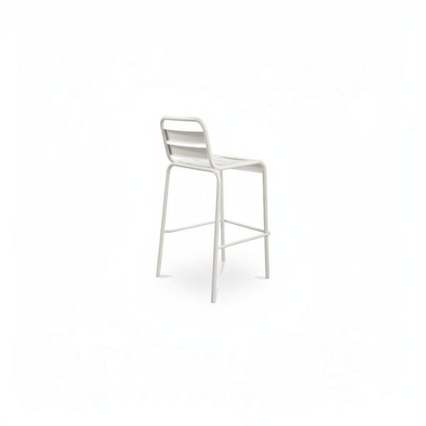 deKor white slatted steel outdoor bar stool with a modern minimalist design viewed from the back