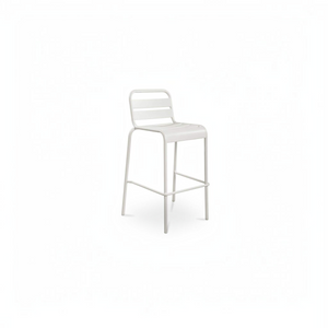 deKor white slatted steel outdoor bar stool with a modern minimalist design and footrest on a white background.