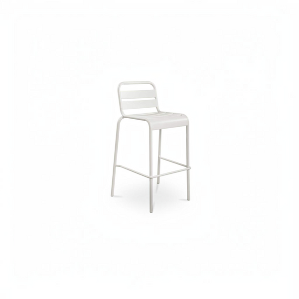 deKor white slatted steel outdoor bar stool with a modern minimalist design and footrest on a white background.