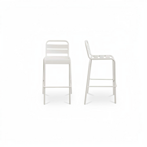 deKor set of two white slatted steel outdoor bar stools shown from front and side angles on a white background.