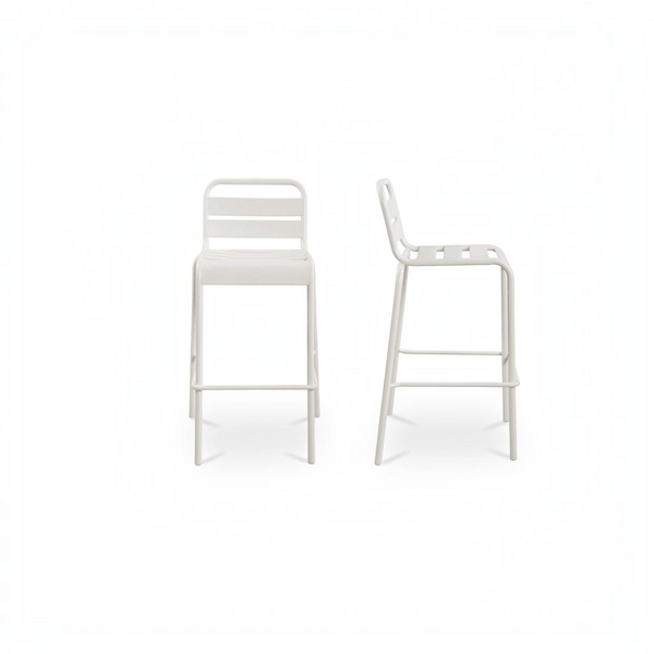 deKor set of two white slatted steel outdoor bar stools shown from front and side angles on a white background.