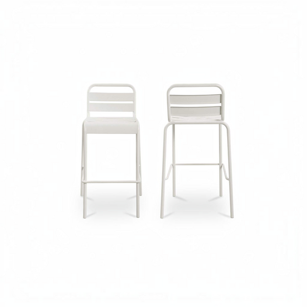 deKor set of two white slatted steel outdoor bar stools with a modern minimalist design