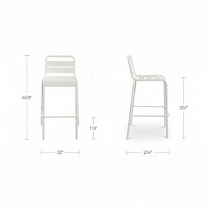 deKor slatted steel outdoor bar stool in white, shown from front and side views with dimensions.
