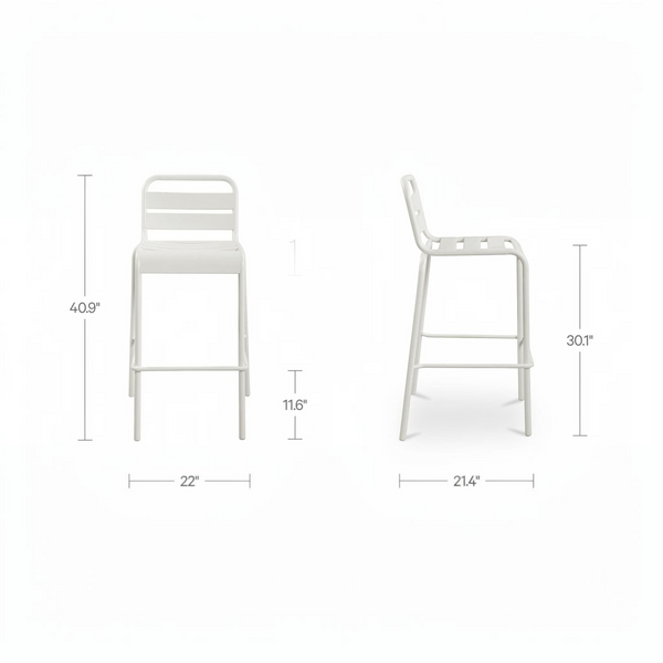 deKor slatted steel outdoor bar stool in white, shown from front and side views with dimensions.