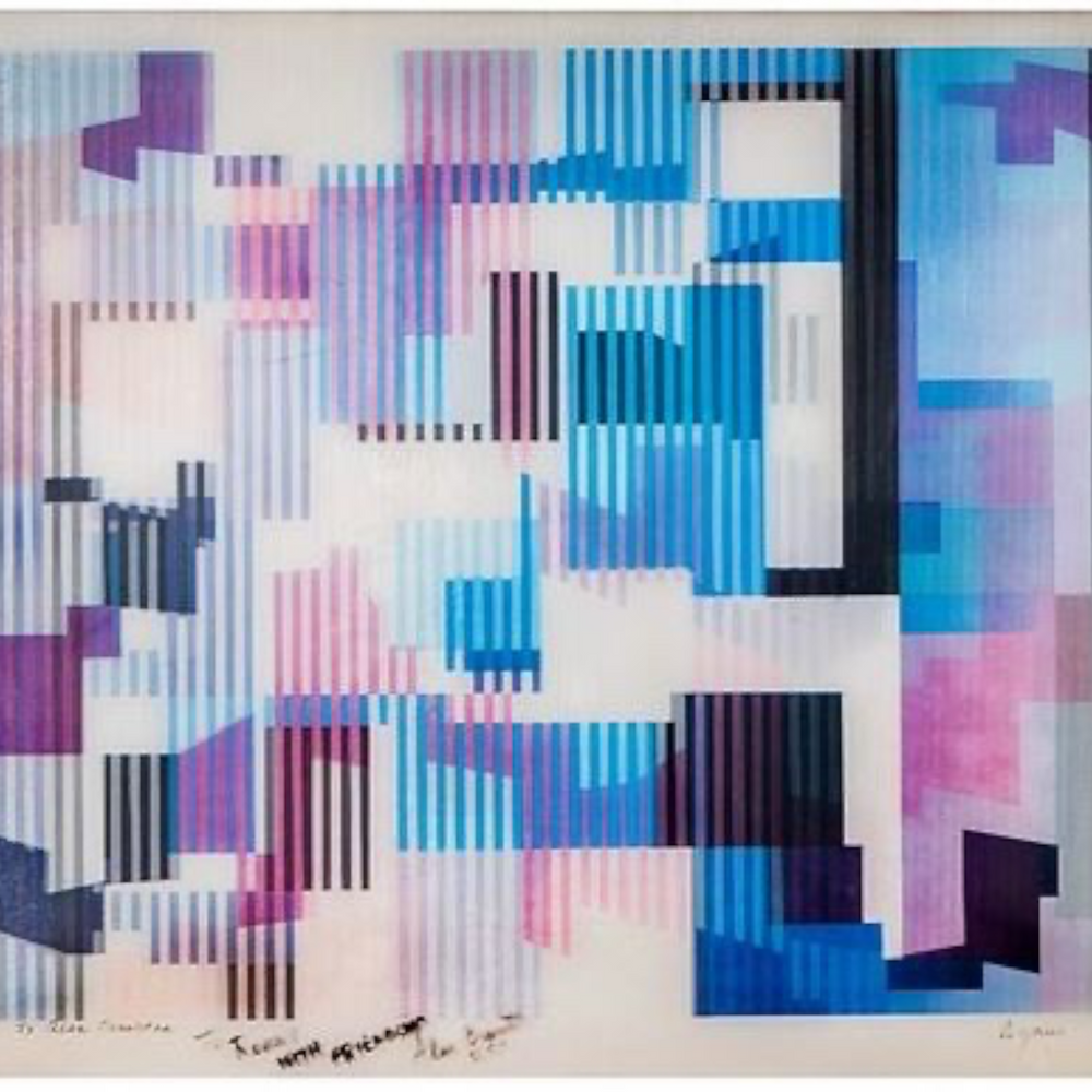 deKor Yaacov Agam Trois Movement 1 kinetic agamograph featuring blue and purple geometric forms on molded acrylic glass