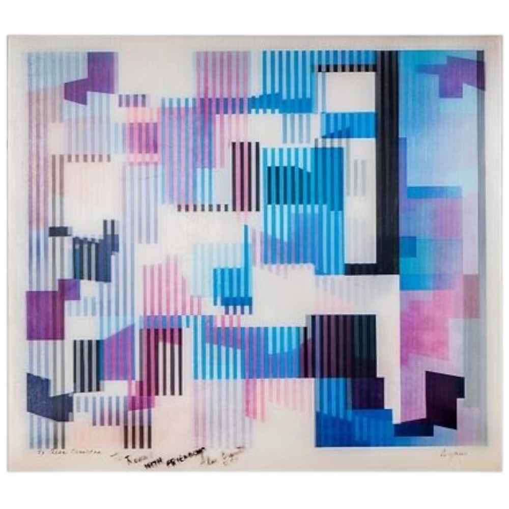 deKor Yaacov Agam Trois Movement 1 kinetic agamograph featuring blue and purple geometric forms on molded acrylic glass