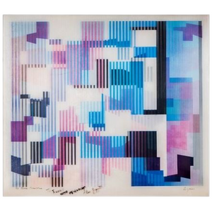 deKor Yaacov Agam Trois Movement 1 kinetic agamograph featuring blue and purple geometric forms on molded acrylic glass