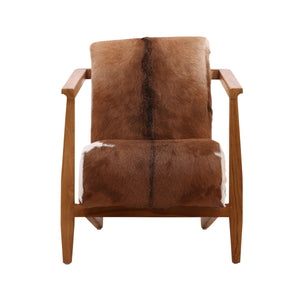 Brown and White Goat Hide and Teak Arm Chair