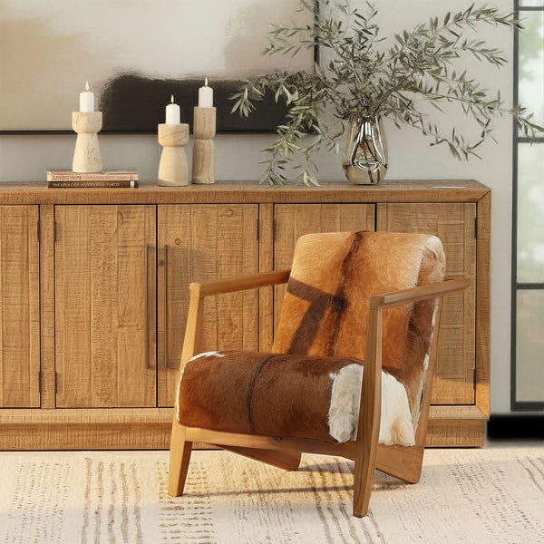 Brown and White Goat Hide and Teak Arm Chair
