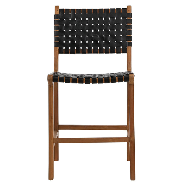 Woven Leather and Teak Counter Stool