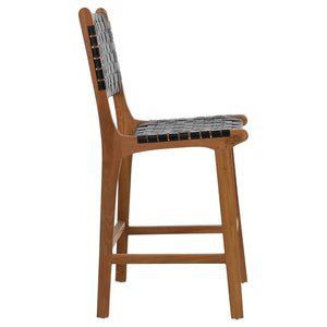 Woven Leather and Teak Counter Stool