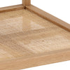 This is a square side table made of light-colored oak wood, with a simple and modern design. The top of the table is flat and smooth, while the lower part has a shelf made of woven rattan, giving it a textured feel. The table stands on four legs, each extending from the corners, providing a stable base. The overall feel is lightweight and natural, with a combination of smooth and textured surfaces.