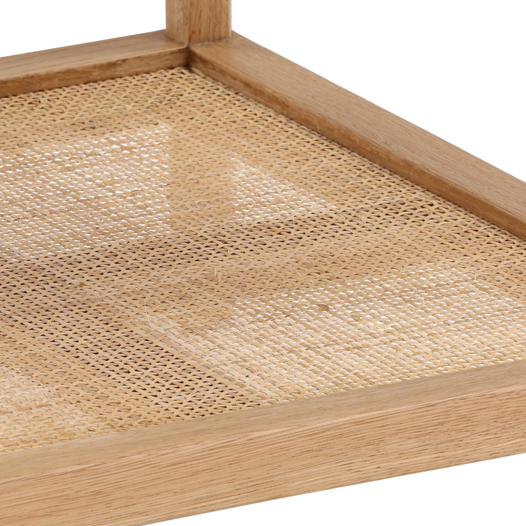 This is a square side table made of light-colored oak wood, with a simple and modern design. The top of the table is flat and smooth, while the lower part has a shelf made of woven rattan, giving it a textured feel. The table stands on four legs, each extending from the corners, providing a stable base. The overall feel is lightweight and natural, with a combination of smooth and textured surfaces.