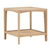 This is a square side table made of light-colored oak wood, with a simple and modern design. The top of the table is flat and smooth, while the lower part has a shelf made of woven rattan, giving it a textured feel. The table stands on four legs, each extending from the corners, providing a stable base. The overall feel is lightweight and natural, with a combination of smooth and textured surfaces.