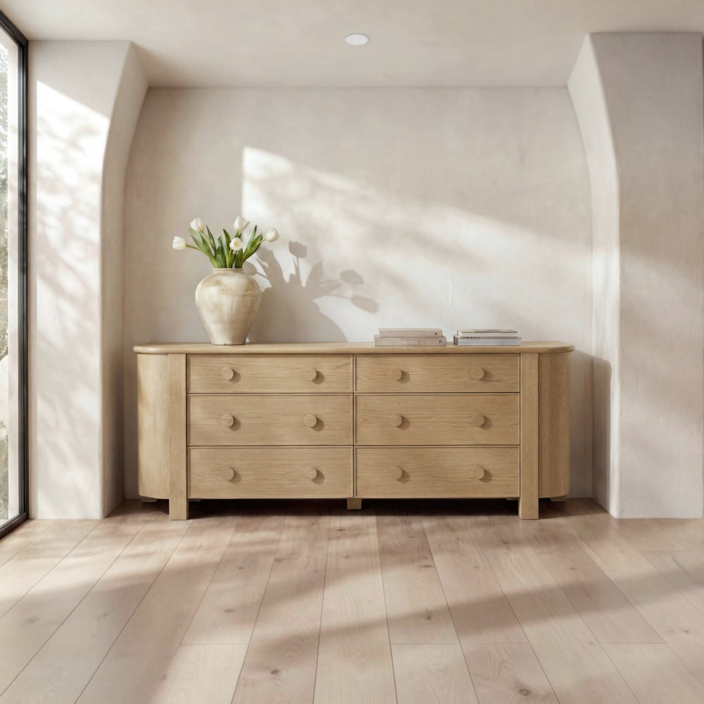 Curved-Corner 6 Drawer Dresser Natural