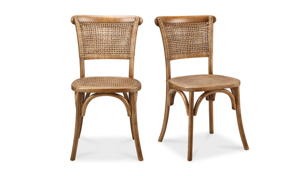 Pair of Elm Wood Dining Chairs with Rattan Backs