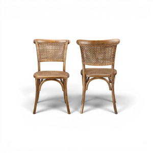Pair of Elm Wood Dining Chairs with Rattan Backs