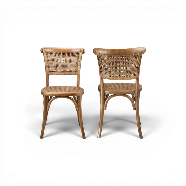 Pair of Elm Wood Dining Chairs with Rattan Backs
