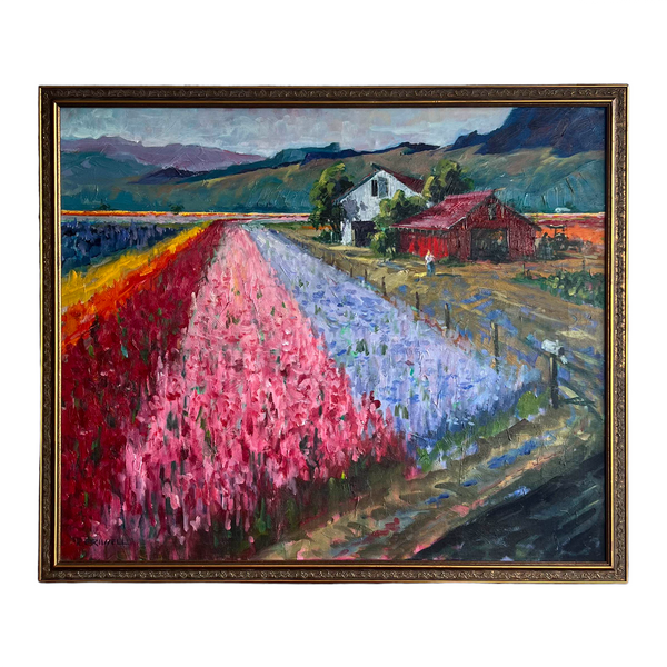 Painting of flower farm by R.E Riwell in vintage bronze frame