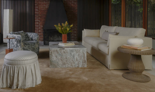 Skirted Storage Ottoman Beige Stripe
