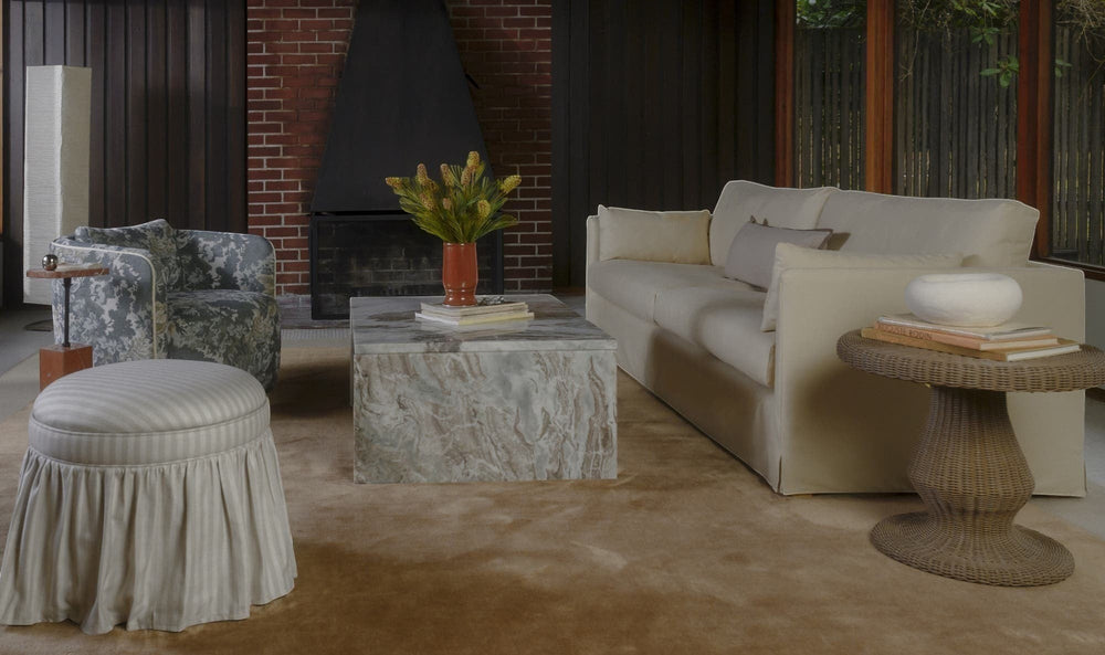 Skirted Storage Ottoman Beige Stripe