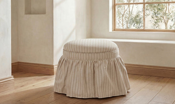 Skirted Storage Ottoman Beige Stripe