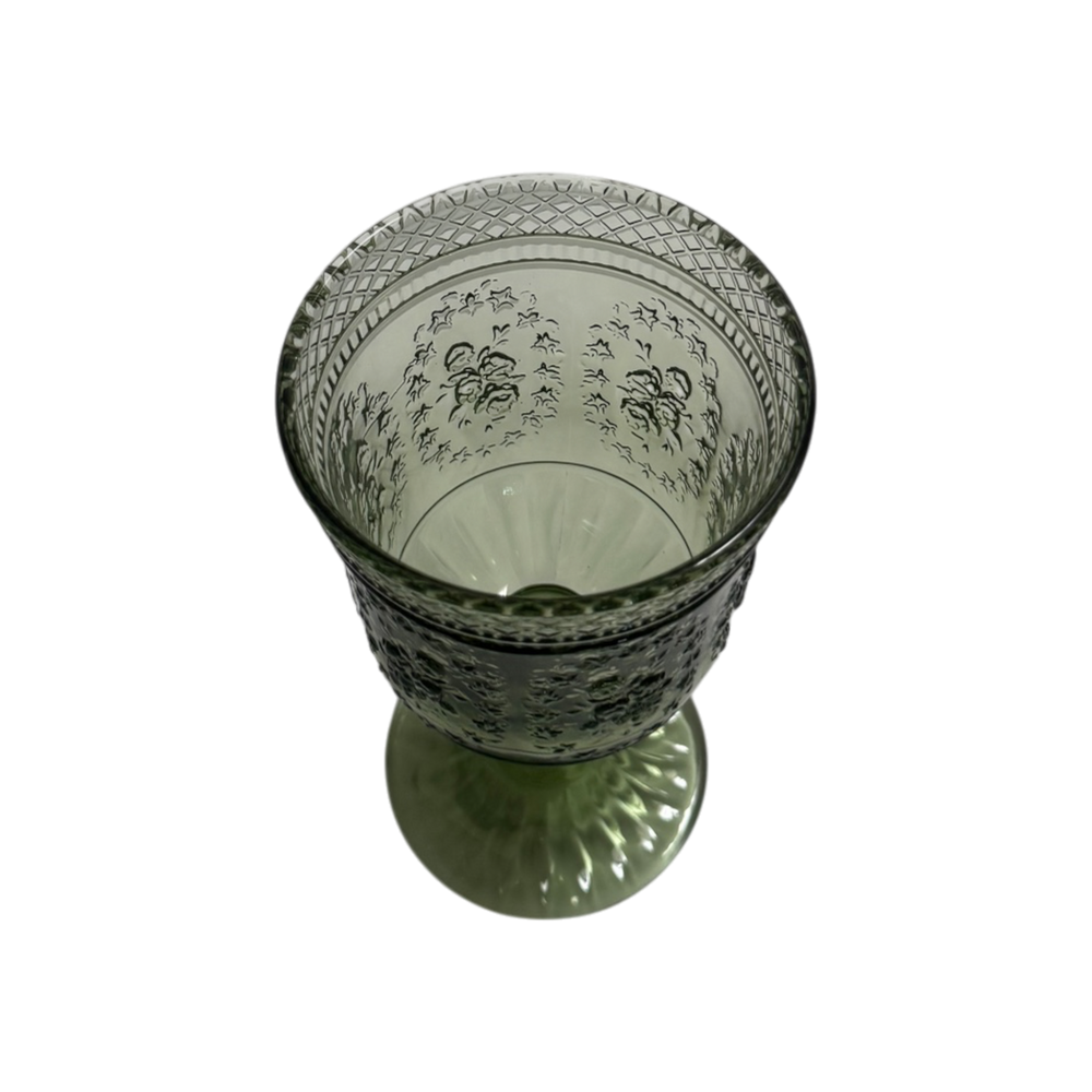 Green Embossed Vintage Glass Goblets - Rose Pattern