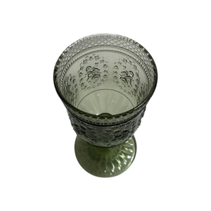 Green Embossed Vintage Glass Goblets - Rose Pattern