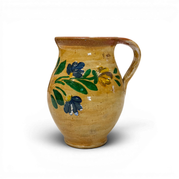 Small Vintage Painted Folk Jug - 5" Yellow w/ Florals