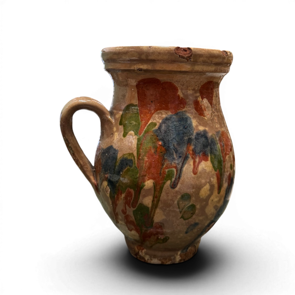 Small Vintage Painted Folk Jug - 6" Brown w/ Multicolor