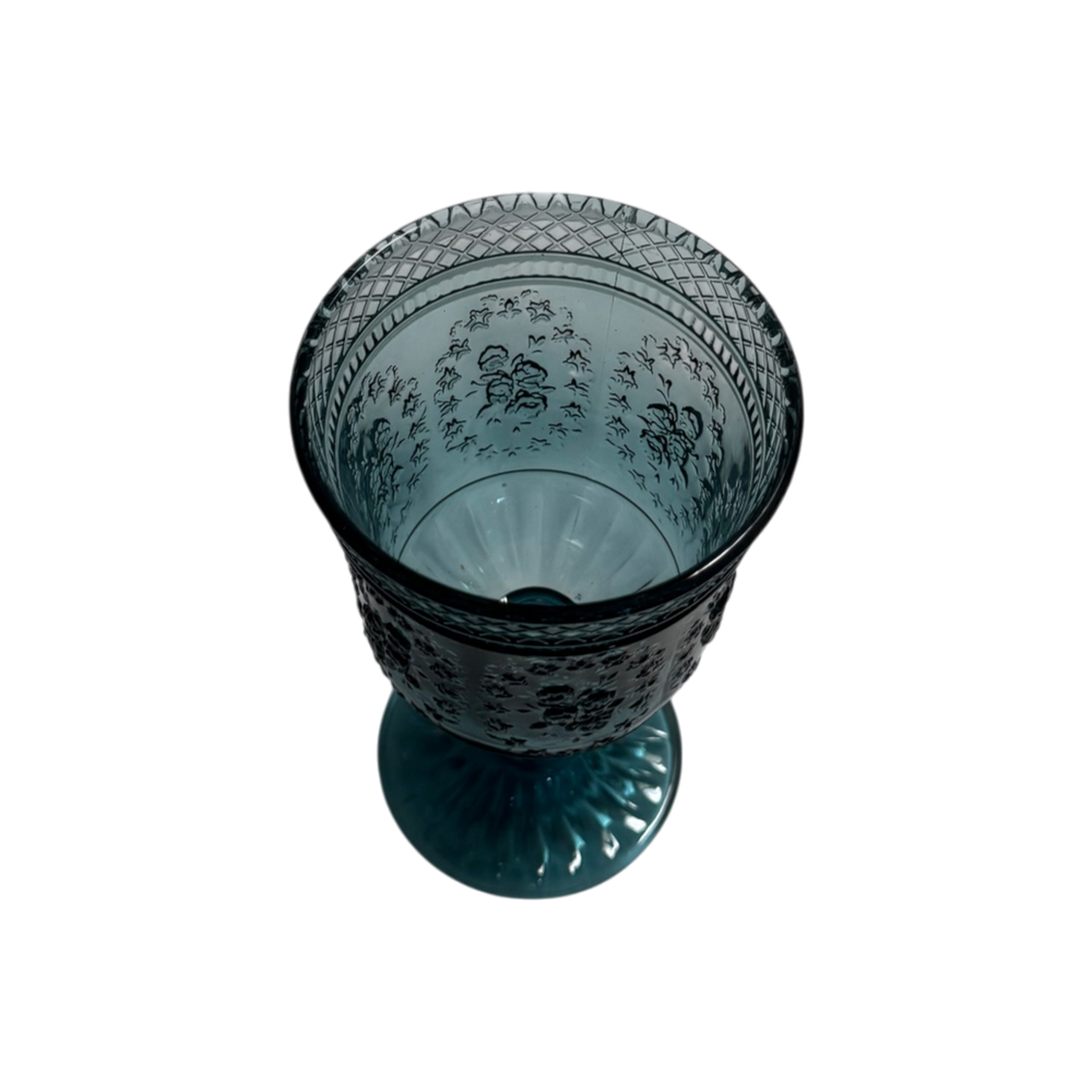 Blue Embossed Vintage Glass Goblets - Rose Pattern