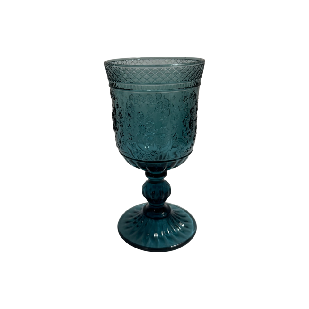Blue Embossed Vintage Glass Goblets - Rose Pattern