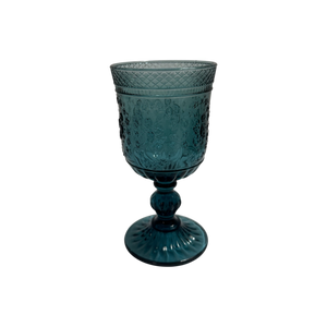 Blue Embossed Vintage Glass Goblets - Rose Pattern
