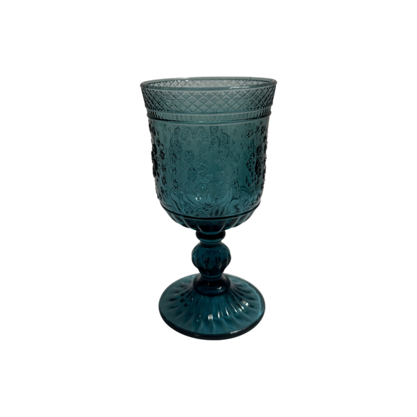 Blue Embossed Vintage Glass Goblets - Rose Pattern