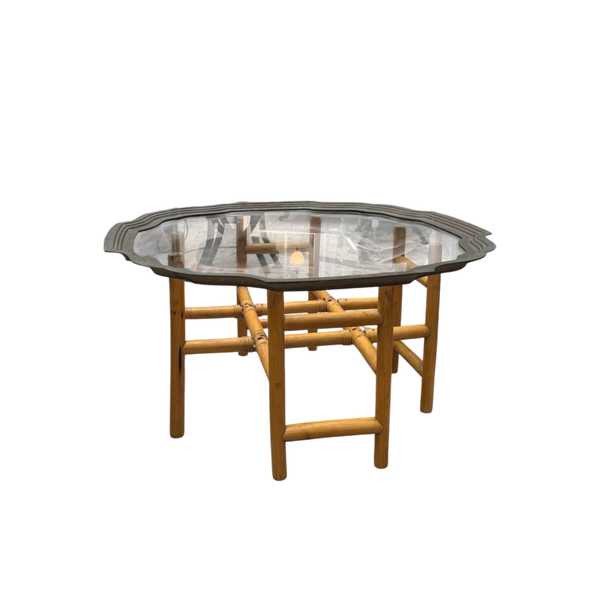 Vintage Gilded Glass Coffee Table with Cane Base