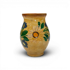 Small Vintage Painted Folk Jug - 5" Yellow w/ Florals