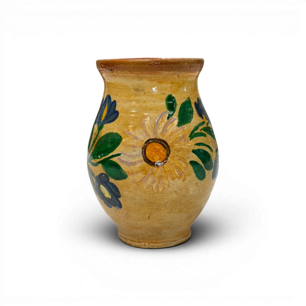 Small Vintage Painted Folk Jug - 5" Yellow w/ Florals
