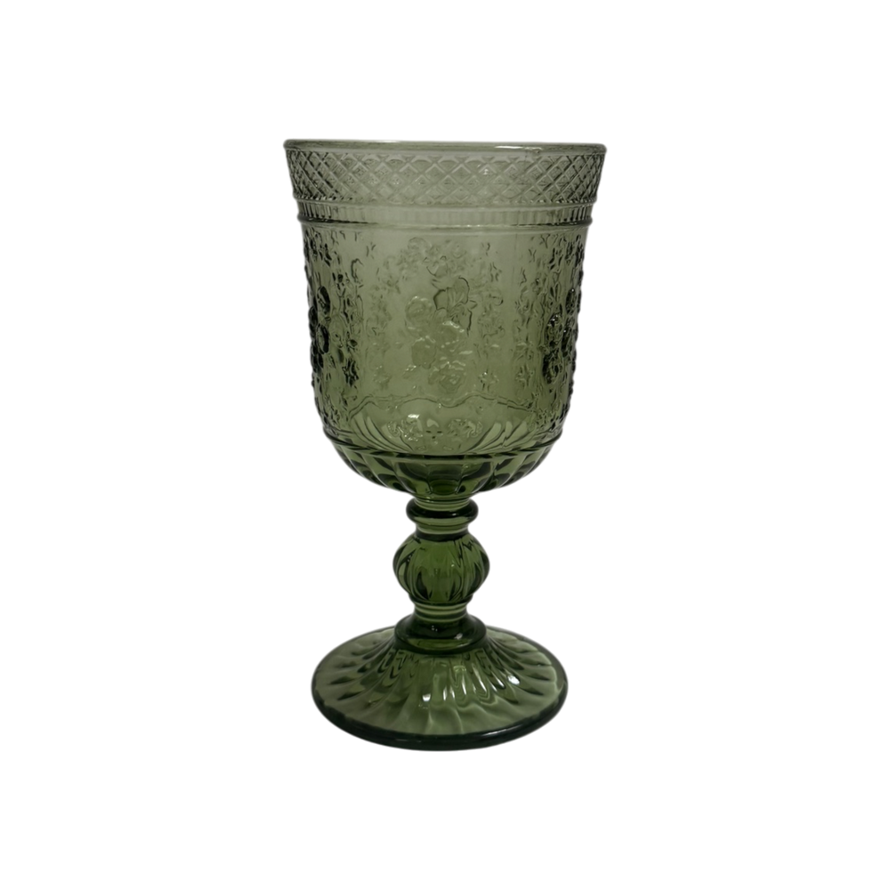 Green Embossed Vintage Glass Goblets - Rose Pattern