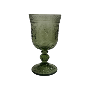 Green Embossed Vintage Glass Goblets - Rose Pattern