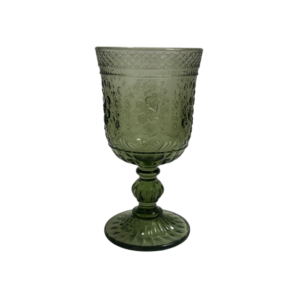 Green Embossed Vintage Glass Goblets - Rose Pattern