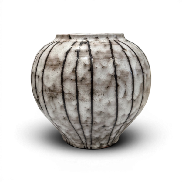 Vintage Striped Mid-Century Ceramic Vase - 8.5" x 8"