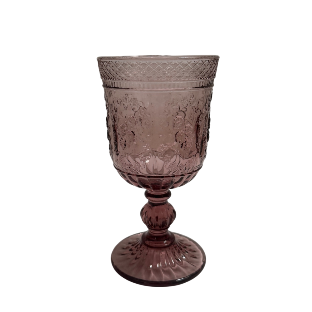 Purple Rose Embossed Vintage Glass Goblets - Rose Pattern