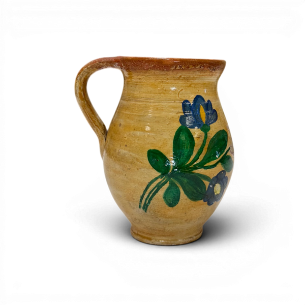 Small Vintage Painted Folk Jug - 5" Yellow w/ Florals