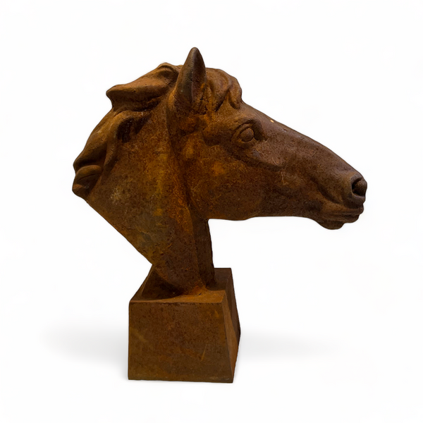 patinated vintage horse head made from metal 
