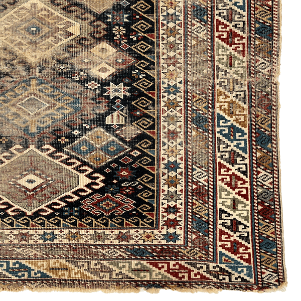 Off white vintage Tabriz accent rug with blue, red, green and black accents