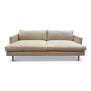 Mid century inspired sofa with wood pin legs and deep cusions.