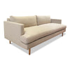 Linen upholstered mid century style sofa with wood pin legs and made with sustainable materials