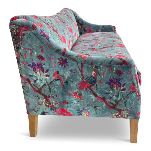 Side view of lola custom made settee with bench cushion upholstered vintage velour 