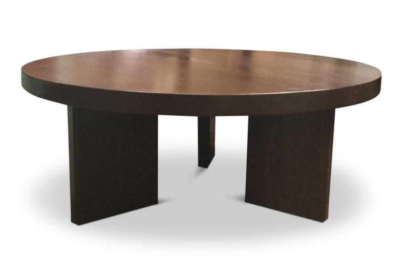 dark walnut round coffee table with block legs