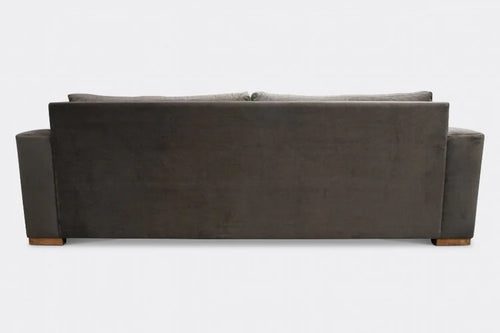 Back view of custom sofa with wood block legs